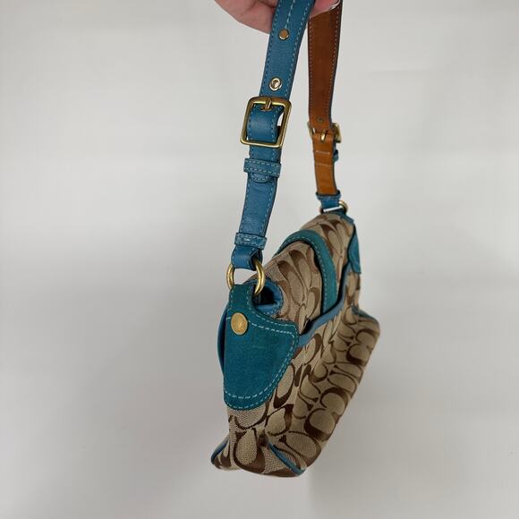 Coach Signature Brown Blue Leather Trim Shoulder Bag Buckle Flap 12”x7” - Picture 4 of 7